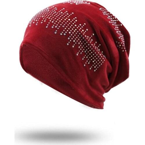 Simple Knitted Womens Cap Gypsophila Diamond Skullies Winter Knitted Beanies Hats Solid Color Knitted Cotton Caps Wholesale