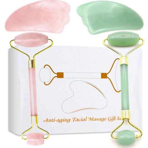 Roller Slimming Thin Face Massager Lifting Tools Natural Jade Facial Massage Gua Sha Green Stone Skin Beauty Care Set With Box