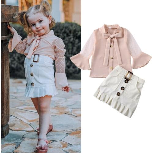 CANIS Toddler Kids Baby Girl Long Sleeve Mesh Patchwork Shirt Tops Ruffles Leather Skirts Dress Outfit Clothes