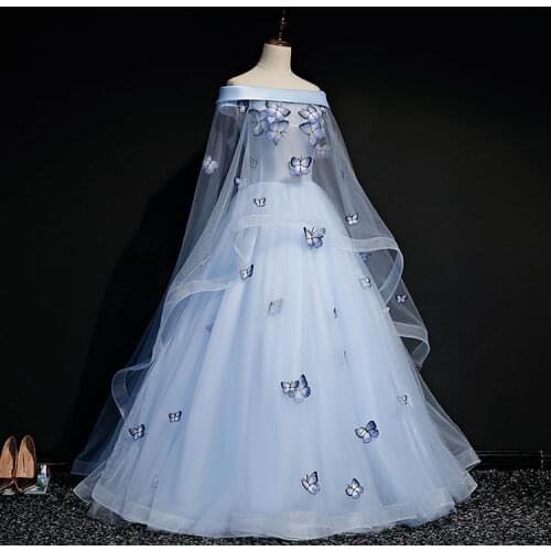Light blue slash shoulder veil butterfy gown Medieval dress Renaissance gown royal Victoria dress/princess cosplay Belle Ball