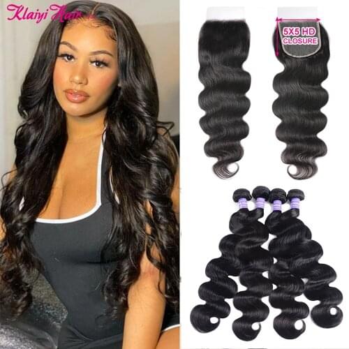 Klaiyi Hair Body Wave Bundles With 5x5 HD Lace Closure Brazilian Remy Human Hair Extension Natural Weave Bundles With Closure