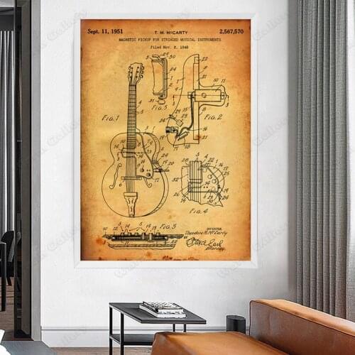 Vintage guitar 1951 patent poster canvas painting printing wall decoration art For Living Room Framework Artwork