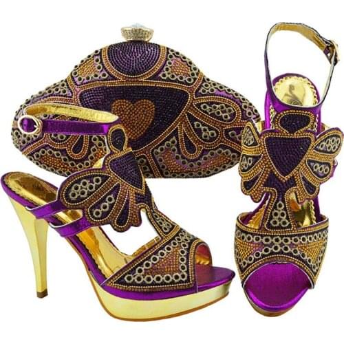 Wonderful purple women pumps with crystal and rhinestone african shoes match handbag set for dress JZC004,heel 11.5CM