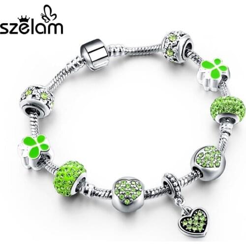 Szelam Love Silver Snake Chain Bracelets& Bangles With Green Crystal Charms Bracelets For Women pulseira SBR160046