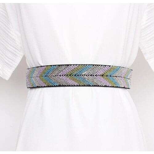 Womens runway fashion beaded elastic Cummerbunds female Dress Corsets Waistband Belts decoration wide belt R2849