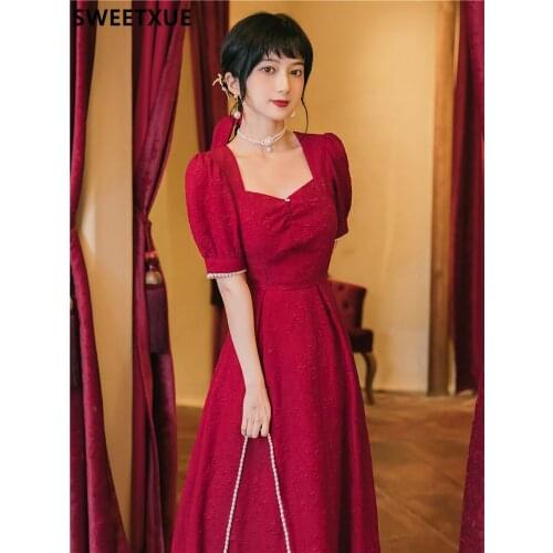 SWEETXUE 2021 Summer French Retro Romantic Red Square Collar Dress Womens Temperament Elegant Beaded Long Dress Vestidos Robe