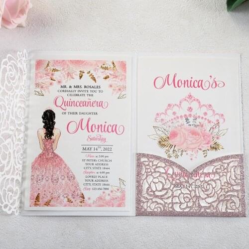 50pcs Rose Gold Laser Cut Hollow Wedding Invitations Cards with Rose Pockets and Envelopes for Wedding/Quinceanera/Birthday