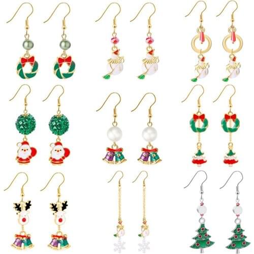 9 Style Christmas Candy Snowman Snowflake Bell Elk Milu Deer Earrings Lady Earbob Festival Jewelry For Women 12 pair