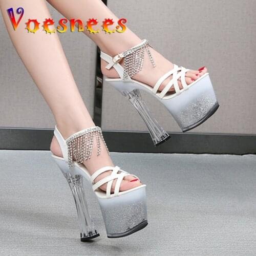 Voesnees Ladies Shoes 2021 Summer New Bling Square Heel Cross Belt Sandals Women Sexy Platform High Heels 17cm pole dance Shoes