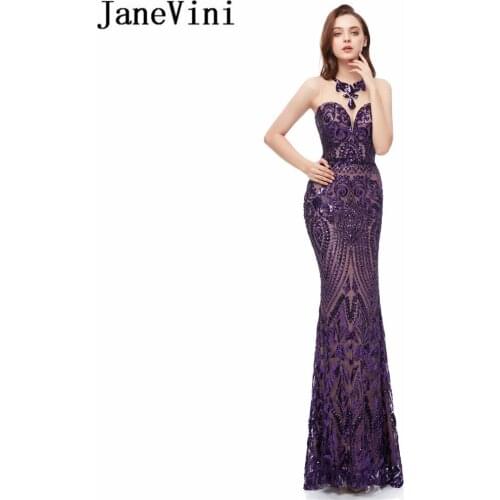JaneVini African Prom Dresses Long 2019 Sparkly Purple Sequins Mermaid Illusion Tight Fitted Gala Gown vestidos de gala elegante
