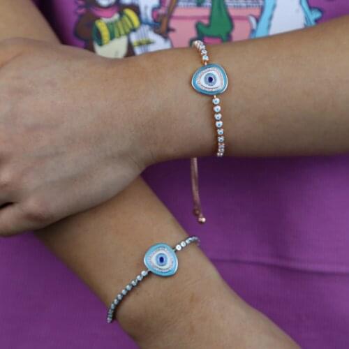 Blue white enamel geometric evil eye charm enamel eye tiny round link chain fashion turkish jewelry bracelet