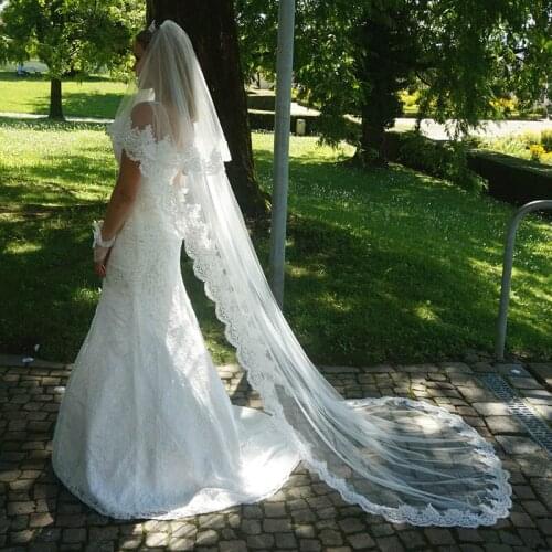 2.5M New White Ivory Wedding Veils 2 Layers Tulle Lace Bridal Veil Appliques Long Wedding Veil Veu De Noiva