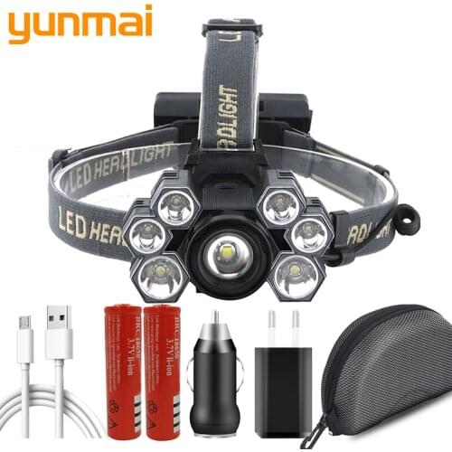 Yunmai 7 LED Headlight Waterproof Zoom Headlight USB Rechargeable 18650 Battery Powerful Headlight Flashlight Adjustable XM-L T6