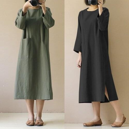 2021 ZANZEA Plus Size Linen Midi Dress Womens Autumn Sudress Casual Long Sleeve Split Tunic Vestidos Female Front Pocket Robe