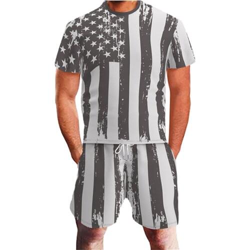 53# Mens Independence Day Printed Suit New Summer Casual Sports Set Mens Top Pants Quick Dry Breathable Two-piece Mens Set