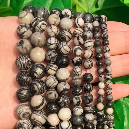 4/6/8/10/12mm Smooth Natural Black Web Jaspers Stone Beads Round for Accessories Jewellery Making Bracelet 15"