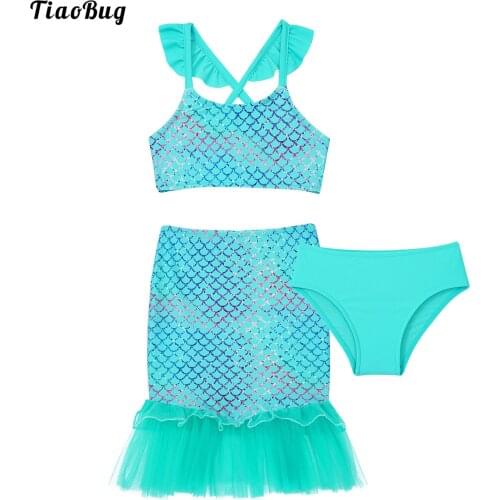 TiaoBug 3Pcs Kid Girl Summer Swimsuit Sleeveless Straps Fish Scales Print Crop Top Ruffle Mesh Hem Skirt Tail With Briefs Bikini