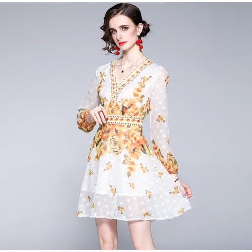 Menahem Summer Fall Runway Flower Dress Women Long Lantern Sleeve V Neck Flora Print Elegant Party Chiffon Mini A Line Vestidos