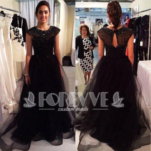 Fashion Black Beaded Sheer Prom Dress Long Abendkleider 2017 Crystal A-Line Formal Dresses Robe De Soiree Longue Evening Gown