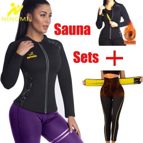 NINGMI Neoprene Sauna Suit Long Sleeve Shirt + Legging Body Shaper Sports Set Women Control Panties Pant Waist Trainer Shapewear