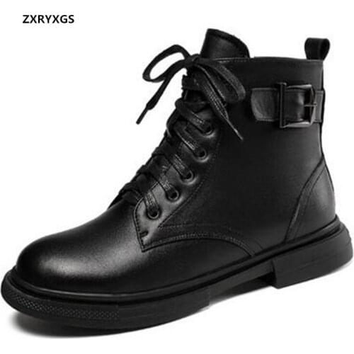 2020 New Large Size Black Genuine Leather Shoes Woman Martin Boots Warm Inisde Plush Wool Winter Shoes Snow Boots Womans Boots