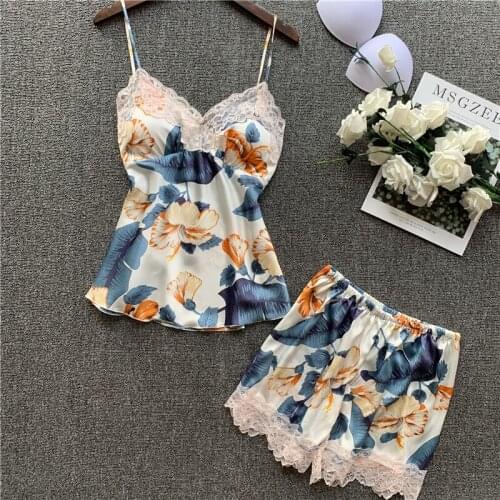 New Style Sexy Imitated Silk Fabric Printed Suspender Shorts Set Pajamas Silk Home Wear pajamas for women -AL
