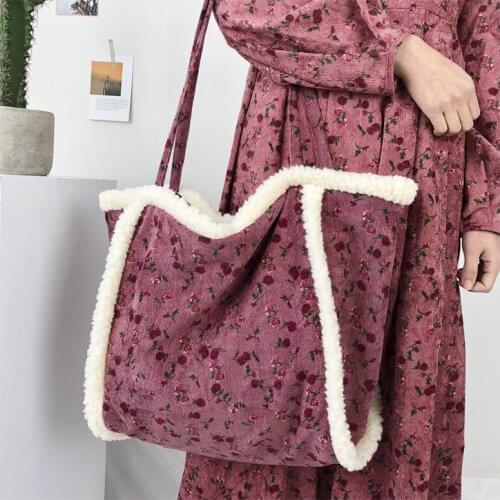 Wholesale Vintage Girl Rose Flower Embroidery Plush Stitching Tote Velvet Bag Lamb Wool Corduroy Student Shopping Shoulder Bag