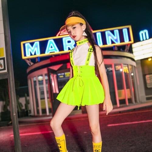 Girl Cheerleading Performance Dress Jazz Dance Short Skirt Fluorescent Green Children Summer Short Sleeve Fashion Suit 110-170cm