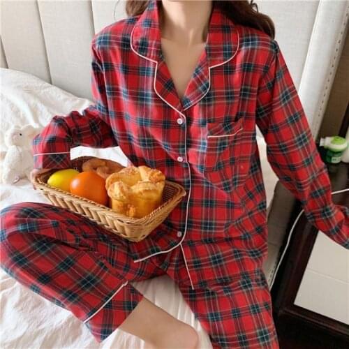 Casual Home Trouser Suit Womens Pajamas Pocket Plaid Sleepwear 2 Piece Lapel Collar Shirts Pants Loungewear Homewear Hot Sale
