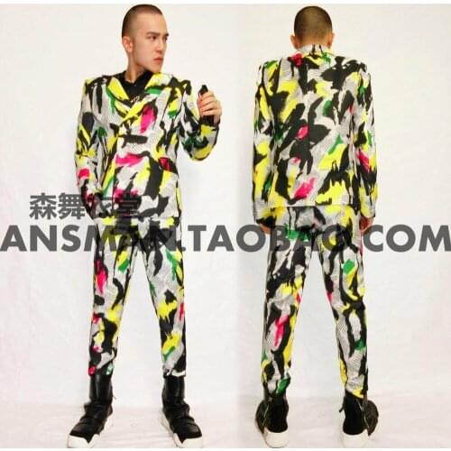 S-5xl New 2021 Men Slim Dj Singer Hight-grad Graffiti Suit Jacket Singer Costumes Formal Dress Mens Suits Clothing