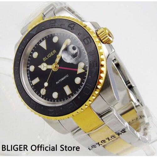Sapphire Crystal BLIGER 40MM Black Dial Mens Watch Ceramic Bezel GMT Function Golden Plated WatchCase Automatic Movement