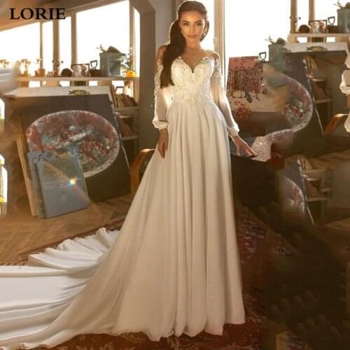 LORIE Chiffon Boho Wedding Dresses A Line Lace Bride Gown Puff Sleeve Nude Mesh Wedding Gown Illusion Back Vestido de novia 2019