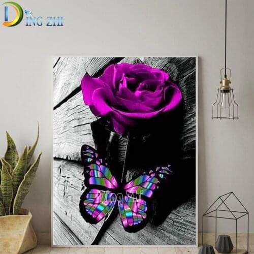 Paste Drill Art 5D Diamond Painting Purple Rose Flower Color Butterfly Full Square Round Mosaic Wall Decor Modern Simplicity Kit
