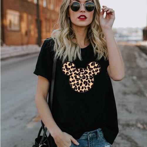 Leopard Printing Mouse Head Women T-shirt Femal Cartoon Top Cute Creative Holiday Tees Summer Casual Girl Tee Wholesale