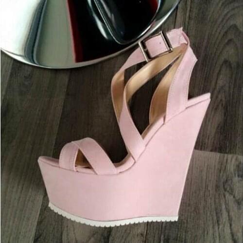 Fashion Pink Red Wedge Sandals Open Toe Cross Strap High Platform Wedge Shoes Cut-out Suede Summer Shoes Women Customized
