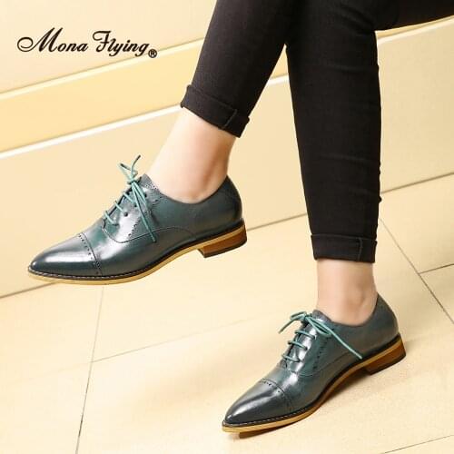 Mona Flying Genuine Leather oxfords Hand-made leather flats Lace-up Pointed Toe Wingtip Derby Saddle Shoes for Women Girl Y089-1