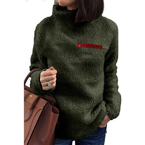 Autumn Winter Women Long Sleeve Turtle Neck Pocket Sweatshirt Plush Pullover