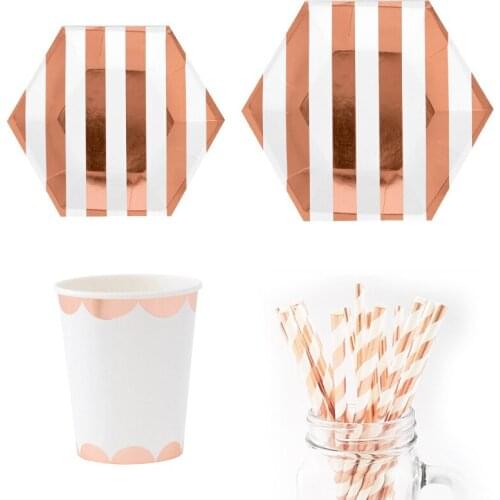57pcs Foil Rose Gold Striped Tableware Set Paper Plate Cocktail Straw Drinking Cup Wedding Favors Party Supplies Party Tableware