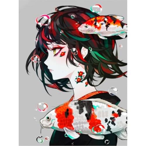 Anime Fish Diamond Embroidery Painting Cartoon Girl Mosaic Rhinestone Sticker Wall Decor Puzzle Picture Diamond Dotz Large Size