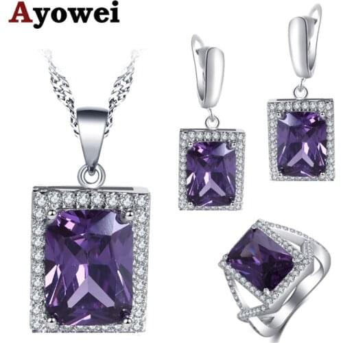 Ayowei Brand design for girl Square Design Purple Zircon 925 Silver Earrings Necklace Ring Jewelry Set JS751A