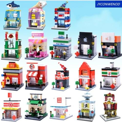 Single sale City Mini Street Series Building Blocks Apple Cafe Pizza Candy Shop model set bricks Children Educational Toys