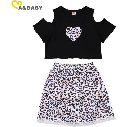Ma&Baby 2-7Y Summer Fashion Child Kid Baby Girl Clothes Set Off Shoulder Heart Print T shirt Top Leopard Skirts Outfits Costumes