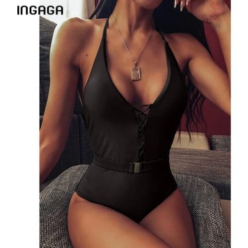 INGAGA Sexy Lace-up One Piece Swimsuit Fused Solid Halter Swimwear Women High Cut Bathing Suit 2021 New Beach Deep V Bodysuits