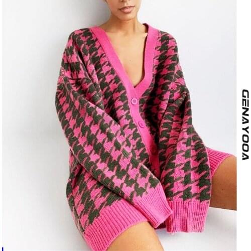 Genayooa 2021 Cardigan Women Loose V-neck Houndstooth Long Sleeve Knit Cardigans Jacket Sweater Women Oversized Korean