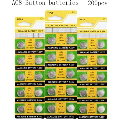 200Pcs=20Card 45mAh AG8 Alkaline 1.55V Button Battery LR1120 SR1120 391 LR55 191 LR1120W CX191 Coin Cell For Watch Toy Control