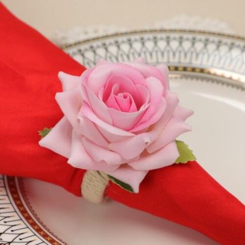 4PCS Napkin Rings Artificial Rose Plastic Flower Linen Circle Wedding Party Table Decoration Accessories Towel Napkin Holder