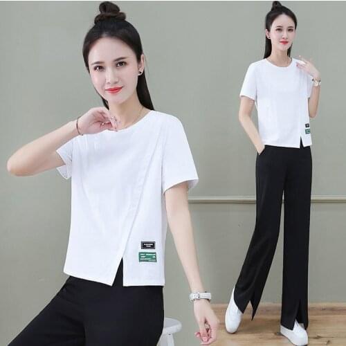 2021New Wide Leg Pants One-Piece/Set Women Summer Fashion Suit High-Waist Short T-Shirt Split Casual Pants Female Two-Piece 307