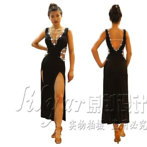 Latin Dance Competition Costume Performance Costume Black Sexy Open Deep V-neck Large Middle East Diamond
