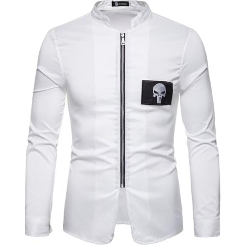 Mens Shirt Long Sleeve Stand Collar Cardigan Shirt with Skull Embroidery Casual Zipper Slim Type Jacket