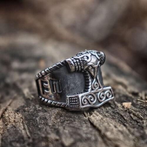Mens Viking Stainless Steel Ring Good Luck Rune Mjolnir Thor Hammer Nordic Rings Amulet Jewelry Gift